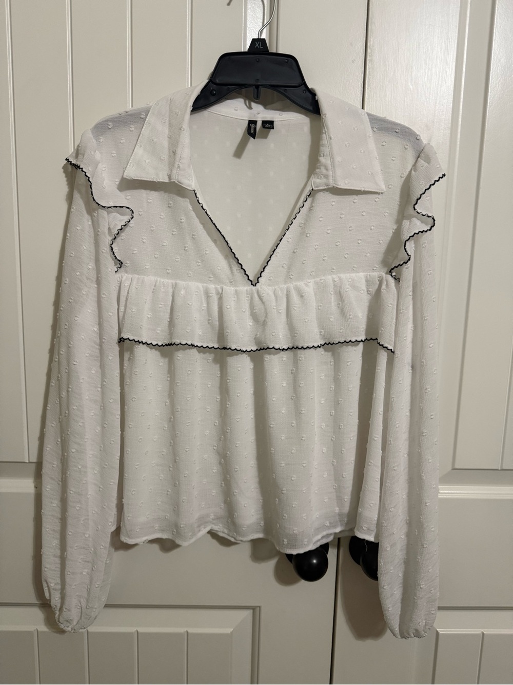 Versona White Swiss Dot Blouse with Black Edge Ruffle